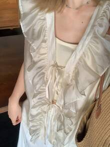 DAZY 女士V领荷叶边宽松蝴蝶结装饰叠层吊带背心夏季 - 白色 - 查看 3