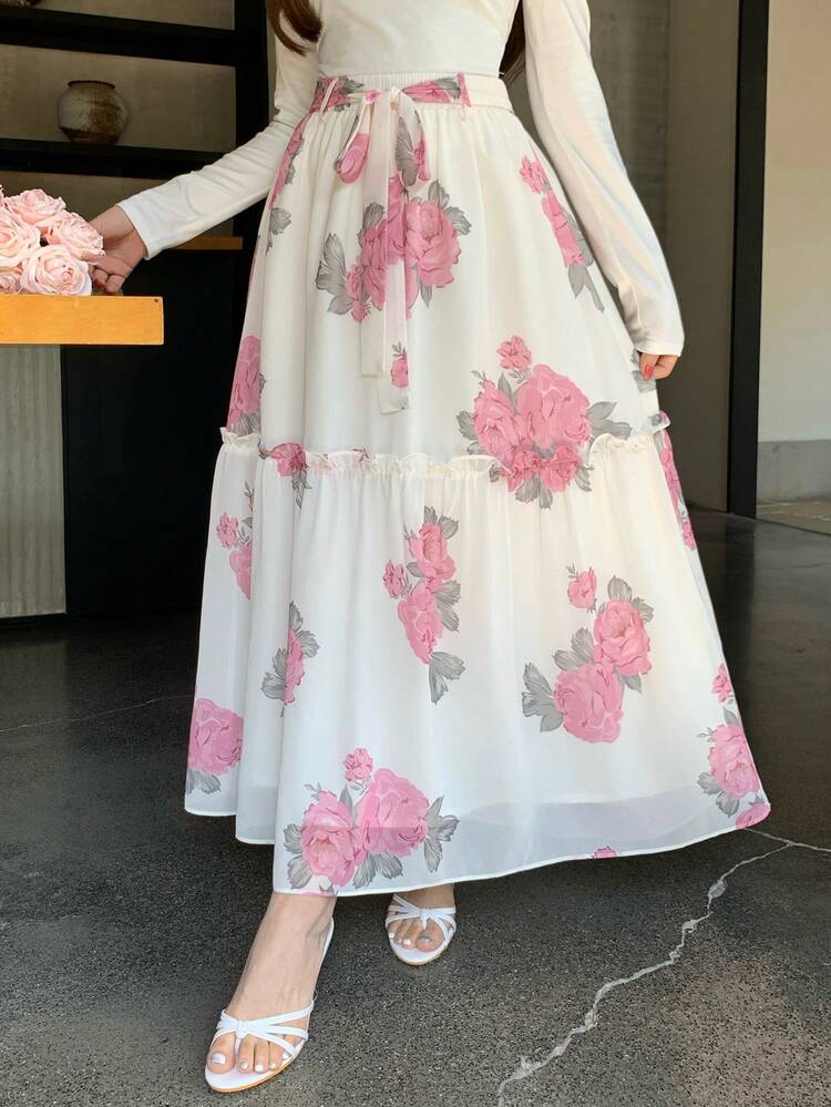 Women's Floral Print Frill Trim Elegant Skirt, Suitable For Vacation