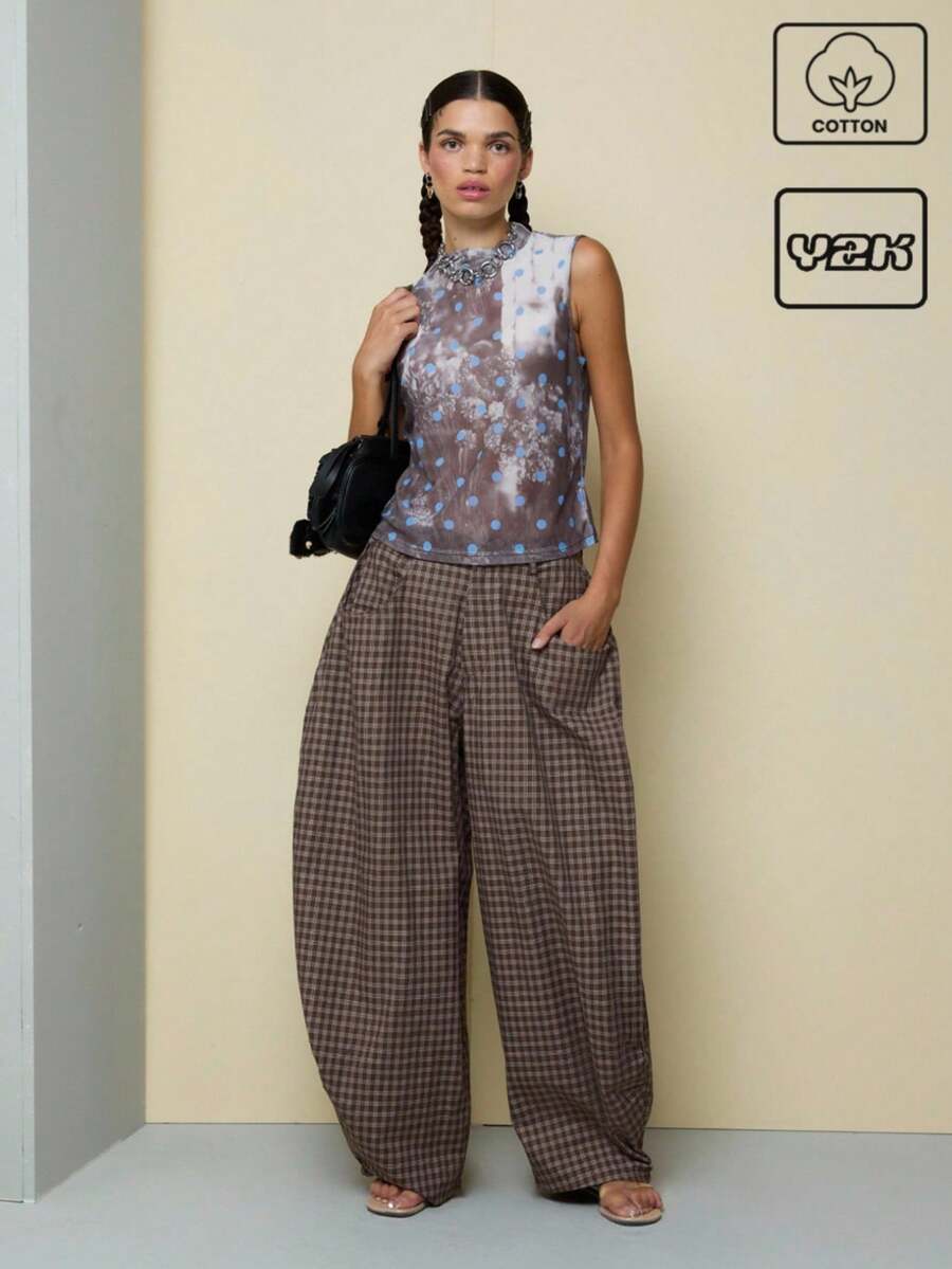 COUREZ 夏季中性低腰宽松直筒格纹长裤 Y2K 休闲男女通用棉质 - 棕色 - 查看 1