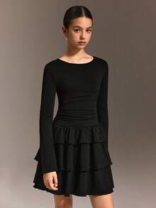 SHEIN Falda deportiva de tenis para adolescentes, diseño de cintura plisada, falda multicapa, muy elástica, suave y transpirable, adecuada para deportes y baile, uso diario, uso escolar, elegante, Navidad, Día de San Valentín. - Negro - Ver 3
