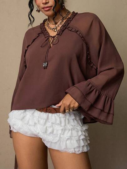 SHEIN LUNE 加大码系领蝴蝶结荷叶边灯笼袖雪纺咖啡棕色面料收腰下摆女士休闲宽松优雅OL秋季上衣，棕色上衣，优雅法式休闲衬衫，适合春、秋、夏穿着。乡村音乐节上衣，音乐节衬衫，飘逸优雅的棕色喇叭袖宽松休闲衬衫，情人节、新年、情人节衬衫、女士度假、夏季假期、女士休闲衬衫、女士优雅衬衫、派对上衣