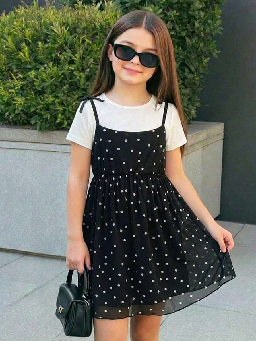 SHEIN 女童活泼趣味T恤套装，柔软亲肤，适合户外玩耍、学习、日常生活和节日活动，多场景搭配，四季皆宜。 - 黑與白 - 查看 1