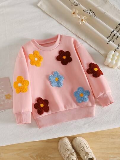 Young Girls' Casual All-Match Versatile Vacation Interesting 3D Embroidered Colorful Floral White Crew Neck Thermal Lined Sweatshirt, Suitable For Autumn/Winter, School, Daily Wear, Matching Sets, Family Gatherings, Performances