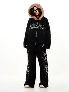 SUMWON WOMEN Oversized Boxy Full Zip Hoodie With Faux Fur Hood And Rhinestone Flame Detail Script Graphic Winter Sweatshirt - Black - View 5