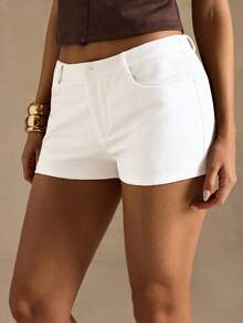 SHEIN BAE Quần short nữ dáng suông đơn giản, màu trơn, cạp thấp, có túi bên hông, thích hợp mặc đi làm hàng ngày, mùa hè. - trắng - Xem 3