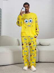 SpongeBob SquarePants | SHEIN Men's Cartoon Pattern Long Sleeve Top & Pants Pajama Set Yellow Pajama Set, Fall & Winter Clothes