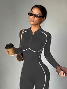 Dewbera 无缝高弹力健身连体衣，长袖长裤，带拉链 - 深灰色 - 查看 5