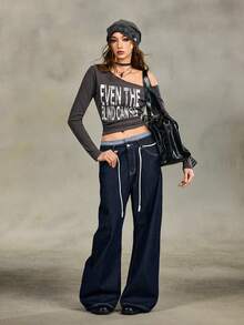 ROMWE Grunge Punk Vintage Chic Casual Patchwork Plaid Dual Waistband Design Flared Leg Jeans - Blue - View 7