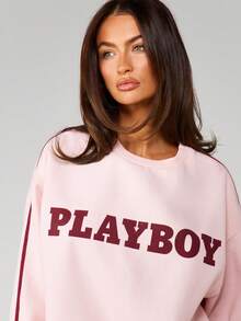 Missguided x Playboy Oversized Crew Neck Long Sleeve Sweatshirt With Large Chest Text Print Casual Comfort Pullover Top Winter Fall Loungewear - Pink - View 5