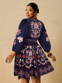 Travachic Đầm thường ngày cổ chữ V tay dài in họa tiết hoa Bohemian cỡ lớn, thắt nơ phía trước, dành cho nữ, mùa thu - Nhiều màu - Xem 2