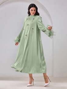 Al Najma Women's Stand Collar Feather Cuff Splice Loose Elegant Arabic Dress - Green - View 6