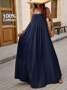 Brillora Women's Loose Solid Color Woven Dress, Suitable For Spring/Summer Vacation - Blue - View 7