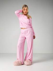 MISSGUIDED Off Shoulder Long Sleeve Top And Straight Leg Pants Polka Dot Pajama Set For Loungewear And Sleepwear - Pink - View 4