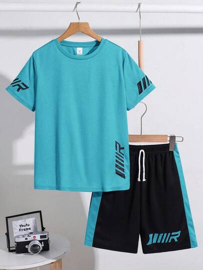SHEIN 2件套青少年男童拼接运动纹理竖条纹图案短袖T恤和短裤套装