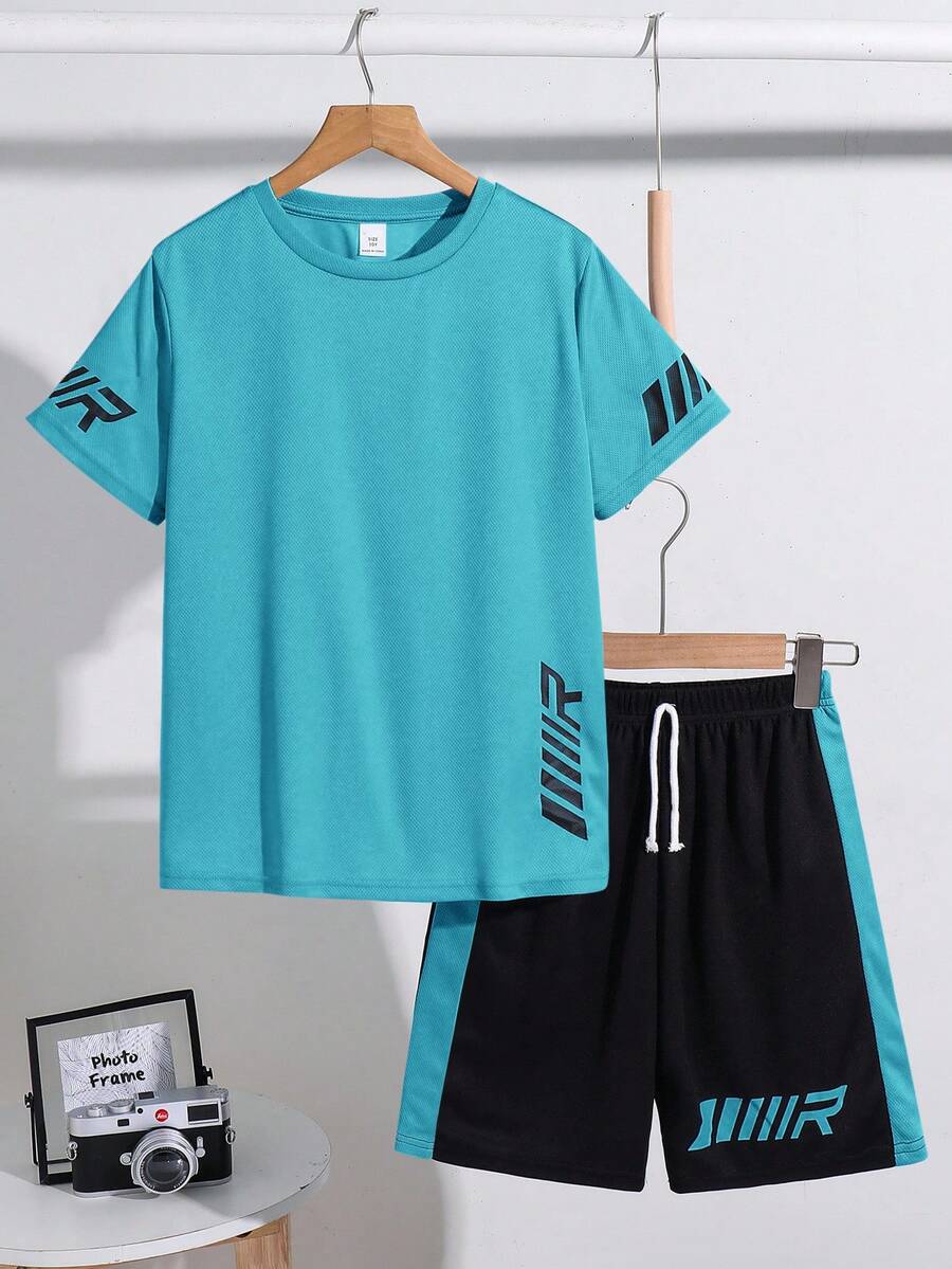SHEIN 2pcs Tween Boy Splice Sports Textured Vertical Stripe Pattern Short Sleeve T-Shirt And Shorts Set - Multicolor - View 1
