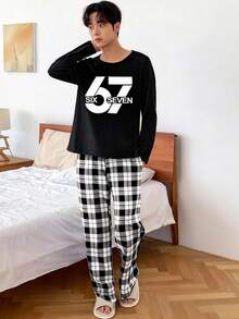 Tween Boys 2pcs Pajama Set, Black Numeric 67 Print Long Sleeve Top And Black & White Plaid Pants, Spring/Autumn - Black - View 3
