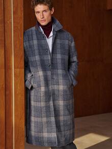 TONEVAULT Men's Retro Vintage Coin Pattern Classic Plaid Long Wool Blend Coat - Multicolor - View 1