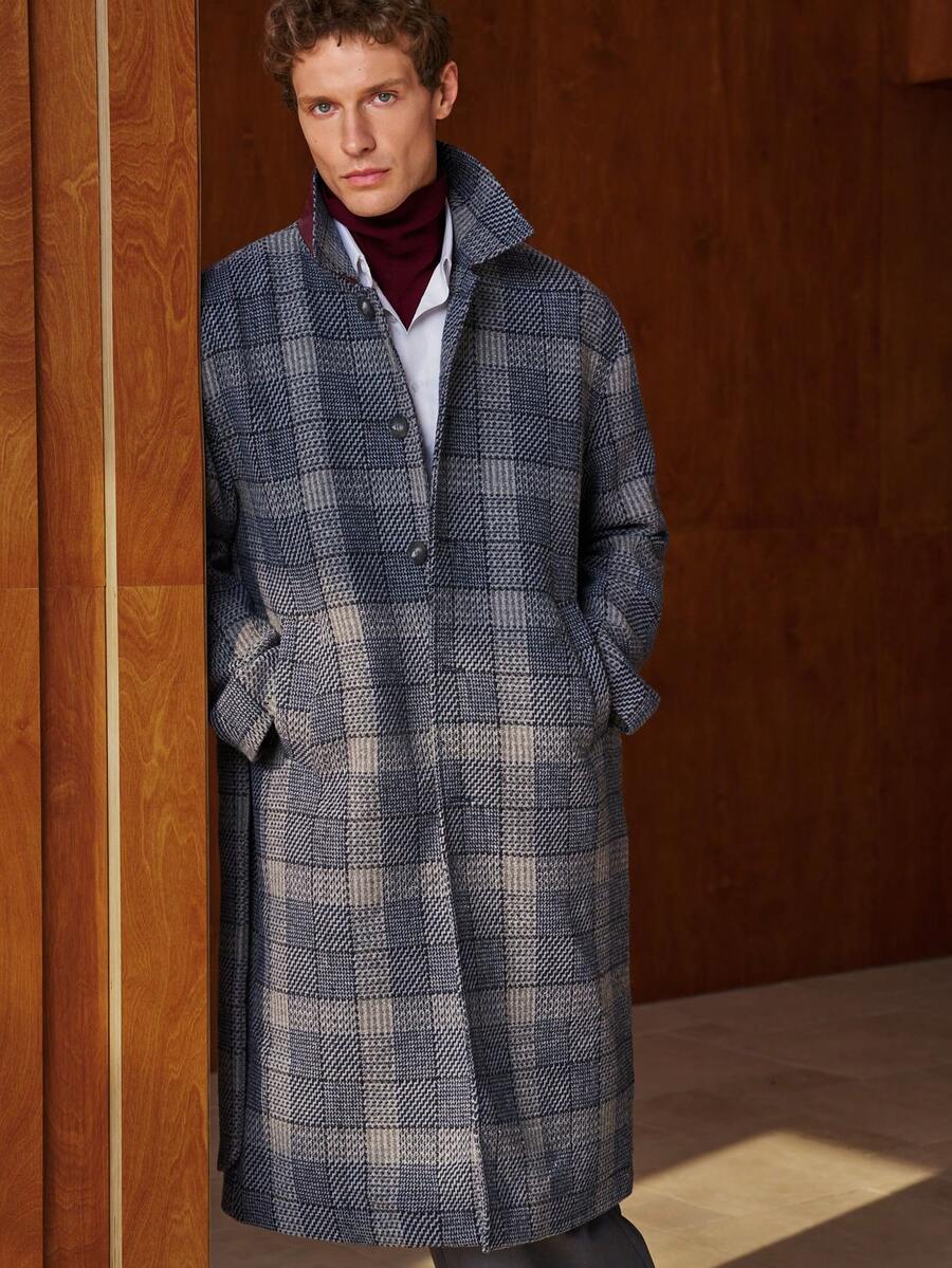 TONEVAULT Men's Retro Vintage Coin Pattern Classic Plaid Long Wool Blend Coat - Multicolor - View 1