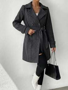 Abrigo mujer largo elegante doble botonadura cinturón ajustable solapa clásica manga larga corte recto forro interior cálido ideal invierno oficina formal casual - Gris - Ver 3