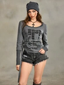 ROMWE EDITION Women's Casual Vintage Distressed Gothic Style Floral & Slogan Print Ruched Ring Strap Detail Long Sleeve T-Shirt, Spring/Autumn - Grey - View 3