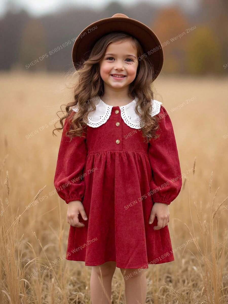 SHEIN 女童复古碎花图案拼接彼得潘领长袖连衣裙,秋冬季万圣节莱卡长袖连衣裙,日常穿着非常舒适 - 彩色 - 查看 1