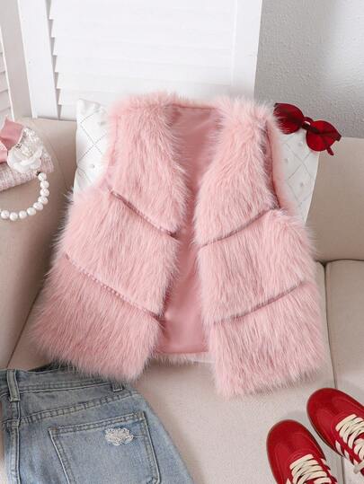 Autumn/Winter Girls Faux Fur Khaki Vest, Casual & Comfortable, Suitable For Party, Gathering, Daily Wear