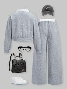SHEIN ChillGRL 2pcs/Set Tween Girls Romweezy Grey Autumn Casual School Back-To-School Splice Contrast Color 2 In 1 Collared V-Neck Cropped Sweatshirt&Wide Leg Pants - Grey - View 2