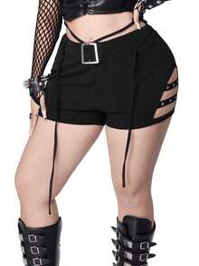 Whyspr Plus Size Punk Style Fitted Lace-Up Eyelet Belted Shorts Goth Shorts Booty Shorts Plus Size Curve Plus Shorts - Black - View 1