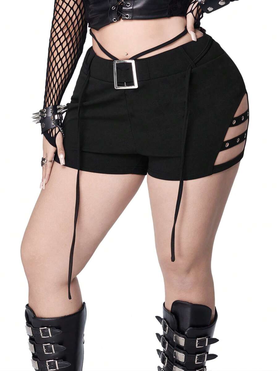 Whyspr Plus Size Punk Style Fitted Lace-Up Eyelet Belted Shorts Goth Shorts Booty Shorts Plus Size Curve Plus Shorts - Black - View 1
