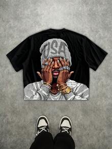 Manfinity Roghcode Plus Size Men's Street Hip Hop Plus Size Graphic Print Loose Fit Short T-Shirt, Suitable For Summer - Black - View 1