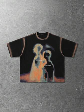 Street Life Camiseta casual de manga corta de cuello redondo con ajuste holgado pintada a mano con aerosol para hombres