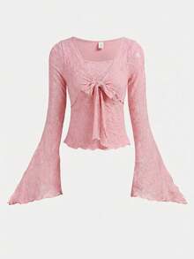 SHEIN 少女蕾丝拼接方领蝴蝶结优雅喇叭袖长袖T恤 - 淺粉色 - 查看 5