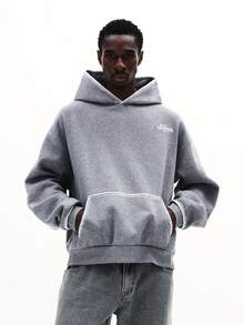 SUMWON Contrast Stitch Detail Hoodie With Heathered Fleece Fabric And Centre Pocket For Casual Winter Comfort Plain - Grey - View 3