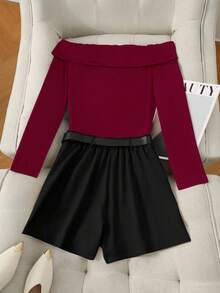 Franclia Casual Women Two Piece Colorblock Off Shoulder Long Sleeve Top And Belted Skort Set - Multicolor - View 2