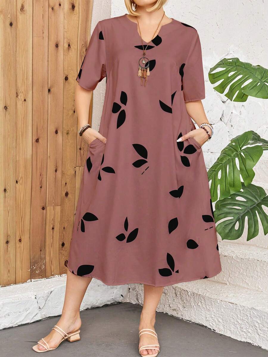 Đầm maxi tay ngắn cổ chữ V in họa tiết lá cây thanh lịch dành cho nữ, cỡ lớn. - Nhiều màu - Xem 1
