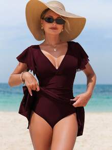 Swim Lushoire Vestido de traje de baño de una pieza con cuello en V, mangas con volantes, parches de malla y unicolor, nuevo lanzamiento de verano para mujer - Burdeos - Ver 5