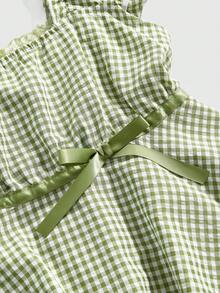 Kawaii Spring/SummercasualCute Bow Decor Square Collar A-Line Plaid Shirt Dress - Green - View 3