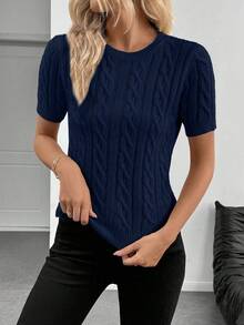 SHEIN Cottnline Blogger-Inspired Twist Rope Decor Round Neck Knit Sweater, Versatile Design, Autumn/Winter - Navy Blue - View 5