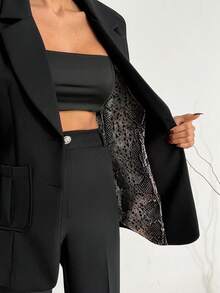 EURMUSE Women Button And Pocket Detailed With Lining Blazer Jacket And Pant Suit Sets - Black - View 5