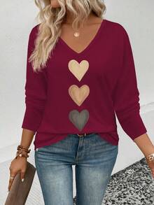 EMERY ROSE Kaos Lengan Panjang Kasual Wanita Model V-Neck dengan Manset Mengembang, Motif Hati Ombre Terlaris, Musim Semi/Gugur - Burgundy - View 6