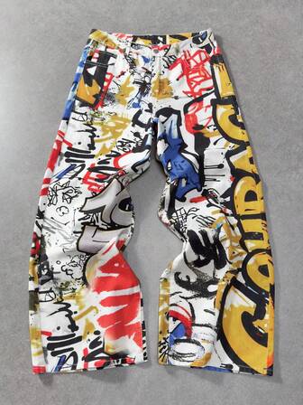 Jeans casual larghi da uomo con stampa di lettere graffiti sulla tasca