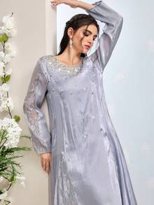 Al Najma Elegant Rhinestone Decor Contrast Lace Loose Arabic Style Dress - Purple - View 5