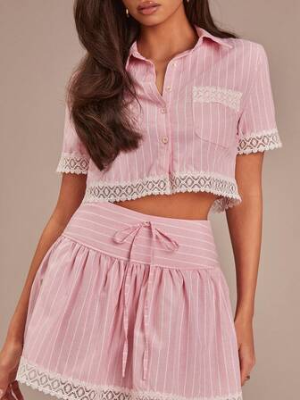 Athîral Women's Casual Vacation Cute Short Sleeved Shirt And Short Skirt Set, Suitable For Valentine's Day, Valentine Clothes,Valentine's Day Outfit,Birthday Outfits For Women ,Women's Summer Wear, Spring And Summer Wear, Pink Striped Set, Lace Hem, Holiday Women's Wear, Women's Casual Wear, Date Party Wear