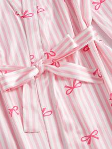 Girls Pajamas Set, Includes Striped Robe, Camisole, And Shorts, Minimalist Pink With Bow Print, For Big Tween Girl Bows Design Pajamas - Multicolor - View 6