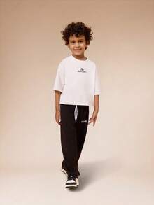 SUMWON Boys Wide Leg Casual Drawstring Pants With Logo Print Brooklyn Text - Black - View 3