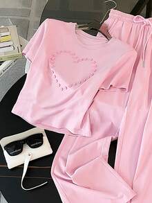 SHEIN Heart Design Crafted Minimalist Round Neck T-Shirt Set, Gift For Friends - Dusty Pink - View 3