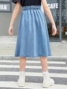 Moda dla nastolatek, swobodna, vintage, modna, uliczna, świeża i urocza, elastyczna talia z krawędzią liści, niebieski denim, spódnica w kształcie litery A, odzież codzienna, wiosna-lato, festiwal rave i odzież uliczna - Niebieski - Zobacz 2