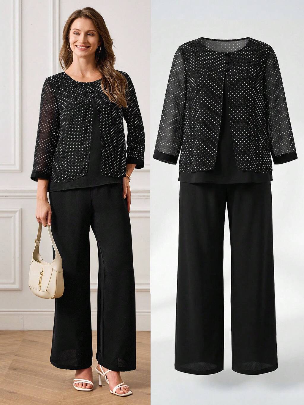This Elegant Two-Piece Set For Women Features A Classic Black Background With White Polka Dots, Exuding A Retro Yet Fashionable Vibe That Perfectly Complements The Sophisticated Atmosphere Of The New Year. The Set Includes A Polka Dot Chiffon Top And Black Wide-Leg Pants, Offering A Comfortable And Flattering Silhouette. The Classic Black Base Is Accented With Polka Dots For A Brighter Look. Suitable For Spring And Autumn, This Set Can Be Accessorized With Various Accessories To Create A Festive Look For The New Year. Perfect For Both Work Commutes And Casual Gatherings, This Set Allows You To Project A Polished And Stylish Image At Work Or Stand Out At Small Dinner Parties With Its Retro Polka Dot Style. It's A Versatile Piece That Combines Practicality And Style In Your New Year's Wardrobe.