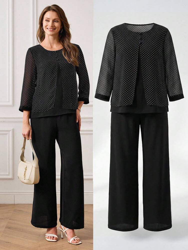 This Elegant Two-Piece Set For Women Features A Classic Black Background With White Polka Dots, Exuding A Retro Yet Fashionable Vibe That Perfectly Complements The Sophisticated Atmosphere Of The New Year. The Set Includes A Polka Dot Chiffon Top And Black Wide-Leg Pants, Offering A Comfortable And Flattering Silhouette. The Classic Black Base Is Accented With Polka Dots For A Brighter Look. Suitable For Spring And Autumn, This Set Can Be Accessorized With Various Accessories To Create A Festive Look For The New Year. Perfect For Both Work Commutes And Casual Gatherings, This Set Allows You To Project A Polished And Stylish Image At Work Or Stand Out At Small Dinner Parties With Its Retro Polka Dot Style. It's A Versatile Piece That Combines Practicality And Style In Your New Year's Wardrobe.