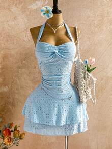 Soleia Đầm bodycon xếp ly lưới thêu màu trơn buộc dây phía trước cho kỳ nghỉ hè của phụ nữ - Màu xanh nhạt - Xem 1